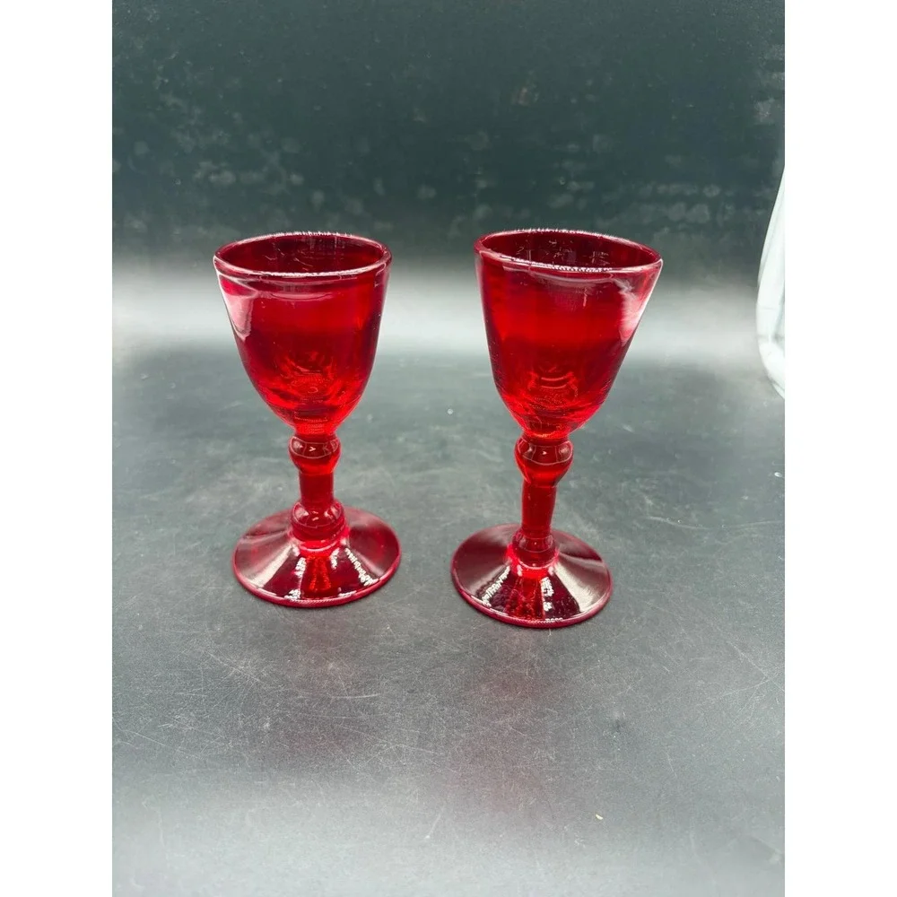 Vintage Ruby Red Glass Cordial Glasses Stemmed Liqueur Set of 2 Red 4.5 Inch